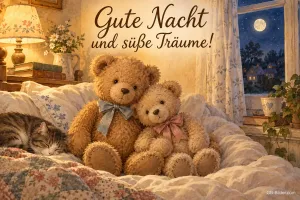 Zwei Teddybären auf dem Bett, Text: Gute Nacht und süße Träume!