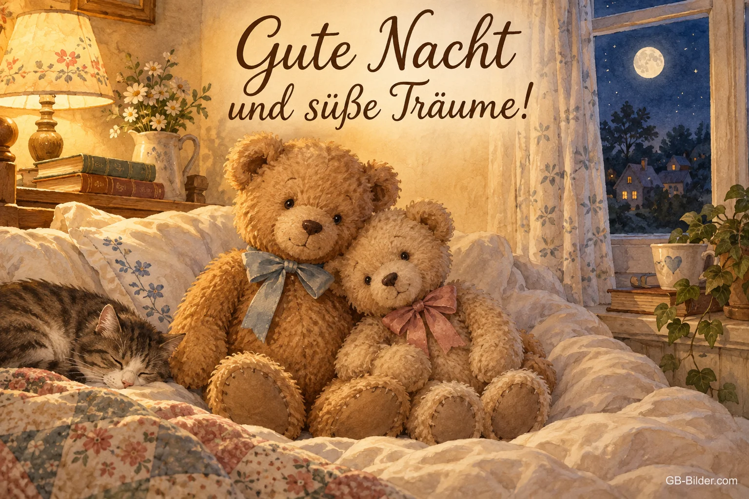 Zwei Teddybären auf dem Bett, Text: Gute Nacht und süße Träume! Zwei Teddybären auf dem Bett, Text: Gute Nacht und süße Träume!