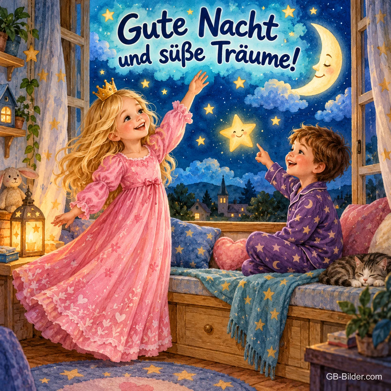 Mädchen im rosa Kleid und Junge im Schlafanzug greifen nach einem Stern am Fenster, Text: Gute Nacht und süße Träume! Mädchen im rosa Kleid und Junge im Schlafanzug greifen nach einem Stern am Fenster, Text: Gute Nacht und süße Träume!