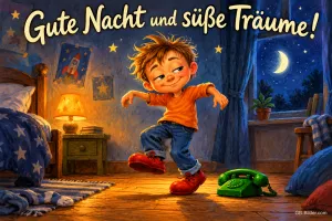 Verschmitzter Junge tanzt im Kinderzimmer neben einem grünen Telefon, Mond am Fenster, Text: Gute Nacht und süße Träume!