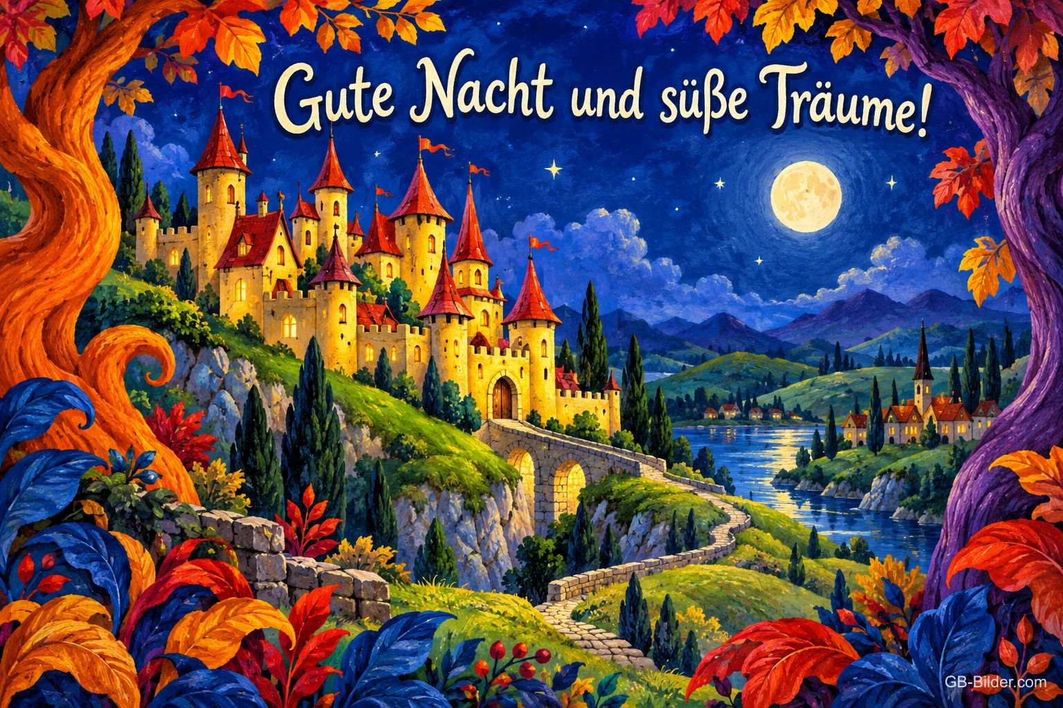 Buntes Märchenschloss auf einem Hügel unter Vollmond, Herbstbäume, Text: Gute Nacht und süße Träume! Buntes Märchenschloss auf einem Hügel unter Vollmond, Herbstbäume, Text: Gute Nacht und süße Träume!