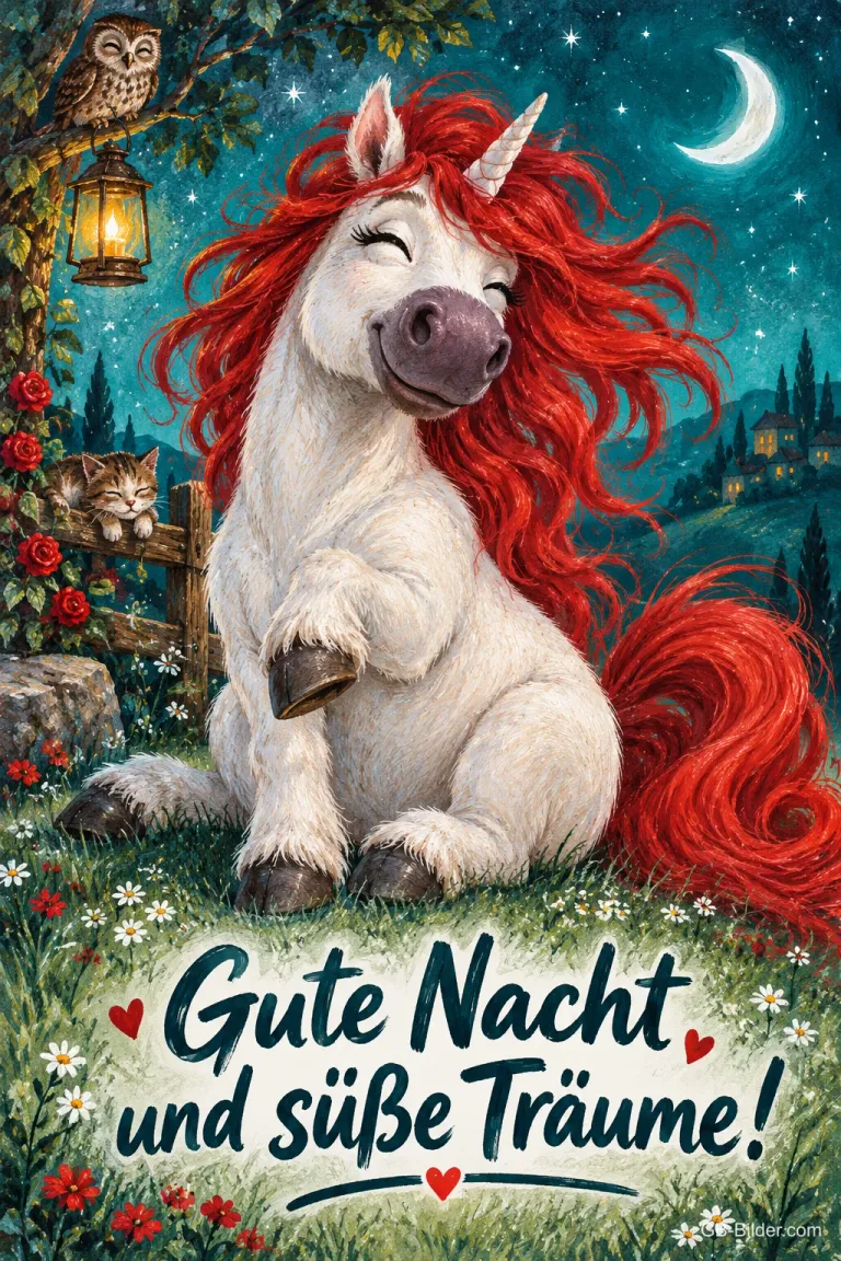 Weißes Einhorn mit roter Mähne lacht auf einer Wiese unter der Mondsichel, Eule und Laterne, Text: Gute Nacht und süße Träume!