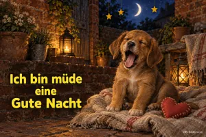 Gähnender Welpe mit Laterne, Text: Ich bin müde, eine Gute Nacht