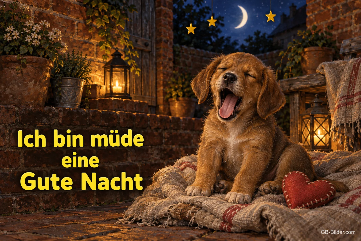 Gähnender Welpe mit Laterne, Text: Ich bin müde, eine Gute Nacht Gähnender Welpe mit Laterne, Text: Ich bin müde, eine Gute Nacht