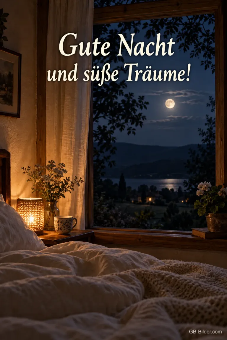 Bett am Fenster bei Mondschein, Text: Gute Nacht und süße Träume!