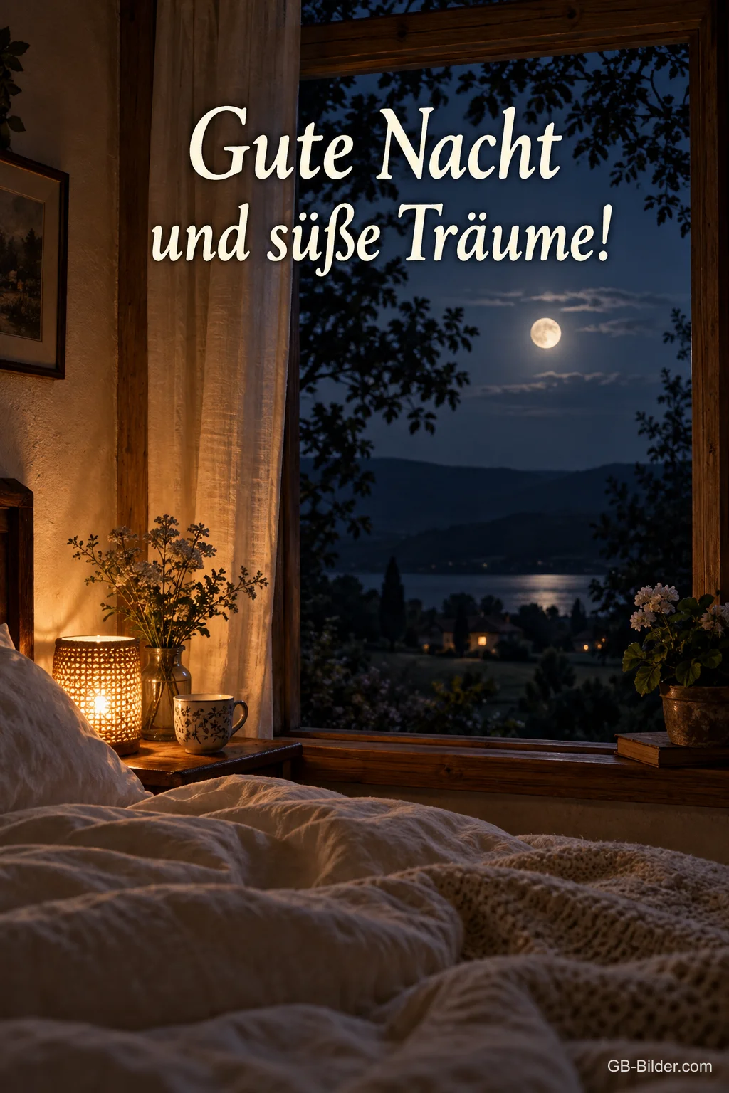Bett am Fenster bei Mondschein, Text: Gute Nacht und süße Träume! Bett am Fenster bei Mondschein, Text: Gute Nacht und süße Träume!