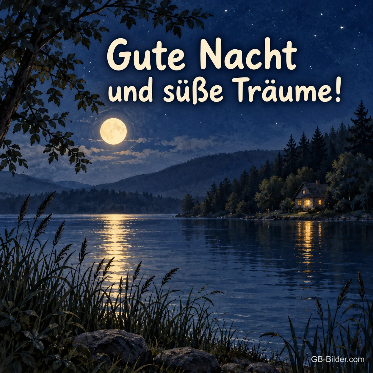 Vollmond über See mit Hütte, Text: Gute Nacht und süße Träume! Vollmond über See mit Hütte, Text: Gute Nacht und süße Träume!
