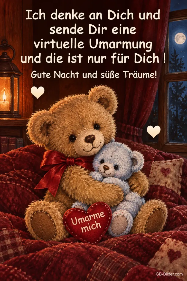 Großer und kleiner Teddybär umarmen sich mit einem Herz, Text: Ich denke an Dich und sende Dir eine virtuelle Umarmung und die ist nur für Dich! Gute Nacht und süße Träume!