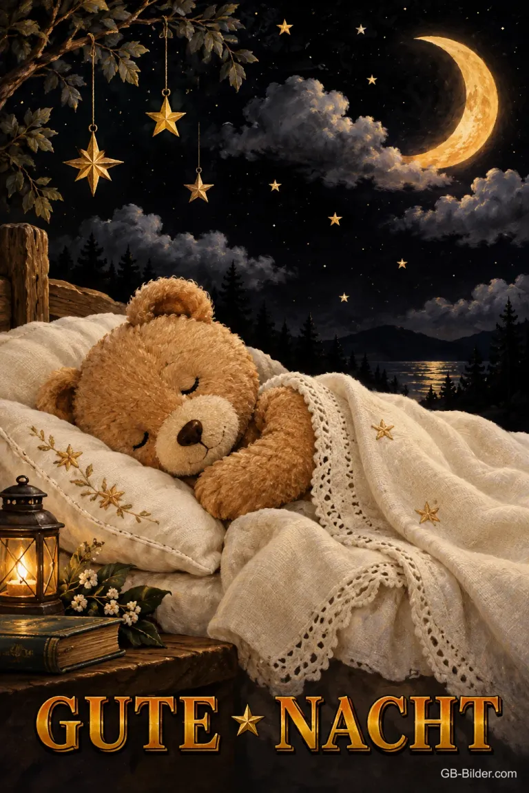 Teddybär schläft unter einer Decke unter Mond und Sternen, Text: GUTE NACHT
