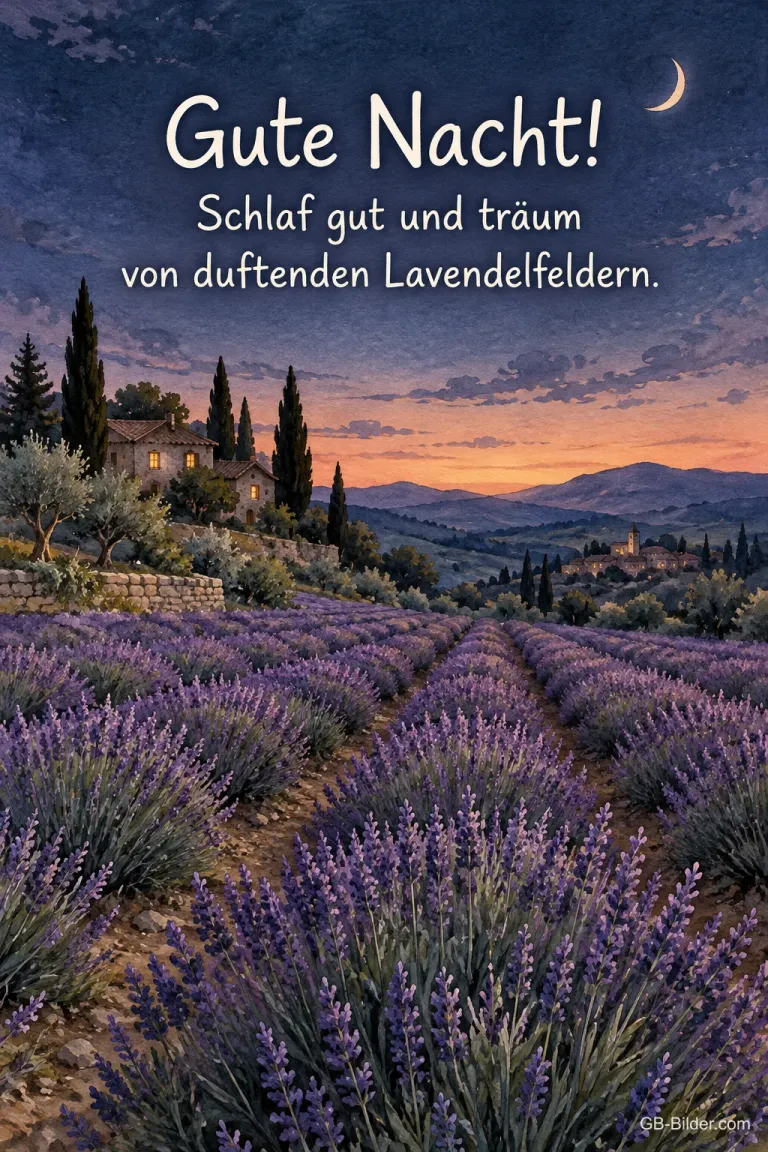 Lavendelfeld in der Dämmerung, Text: Gute Nacht