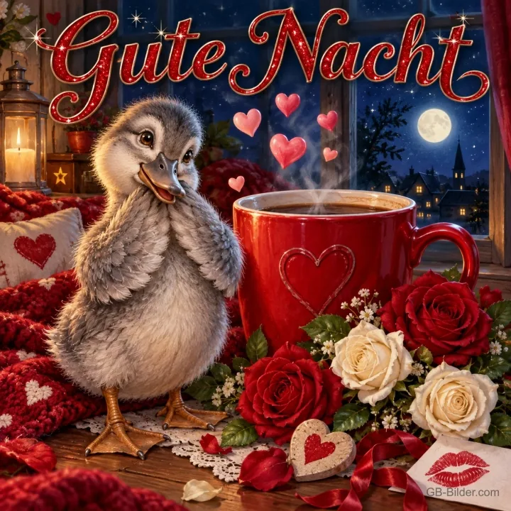 Entchen neben einer roten Tasse und Rosen am nächtlichen Fenster, Text: Gute Nacht