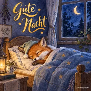 Fuchs mit Schlafmütze schläft im Bett unter einer Sternendecke, Text: Gute Nacht