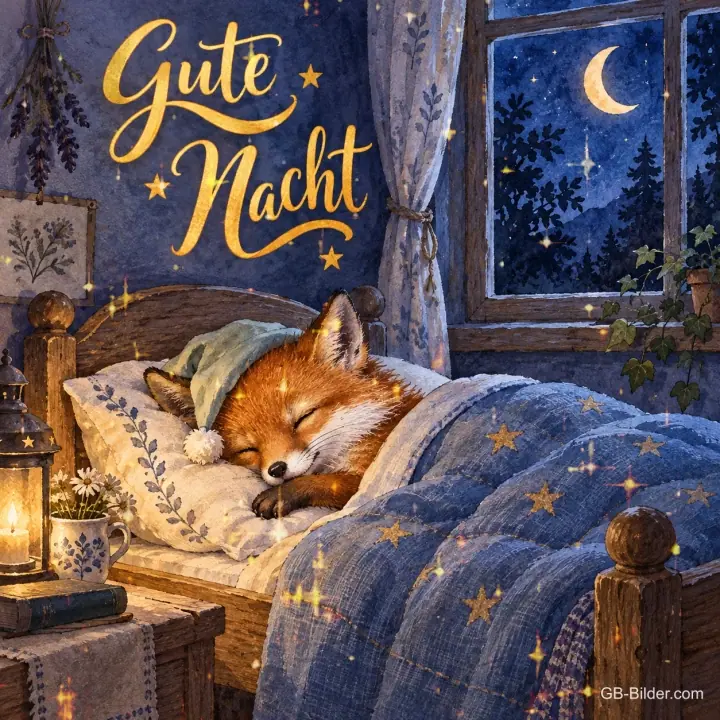 Fuchs mit Schlafmütze schläft im Bett unter einer Sternendecke, Text: Gute Nacht