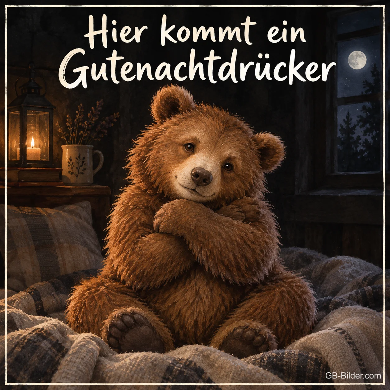 Brauner Bär sitzt mit verschränkten Armen auf einem Bett, Text: Hier kommt ein Gutenachtdrücker