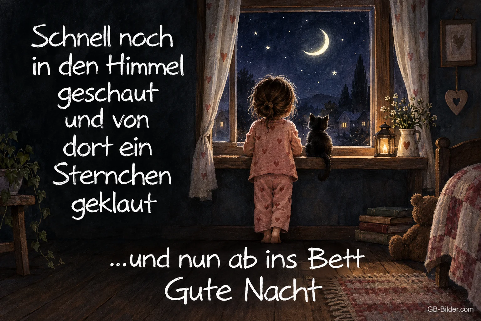 Mädchen im Schlafanzug schaut mit einer Katze aus dem Fenster, Text: Schnell noch in den Himmel geschaut und von dort ein Sternchen geklaut …und nun ab ins Bett Gute Nacht Mädchen im Schlafanzug schaut mit einer Katze aus dem Fenster, Text: Schnell noch in den Himmel geschaut und von dort ein Sternchen geklaut …und nun ab ins Bett Gute Nacht