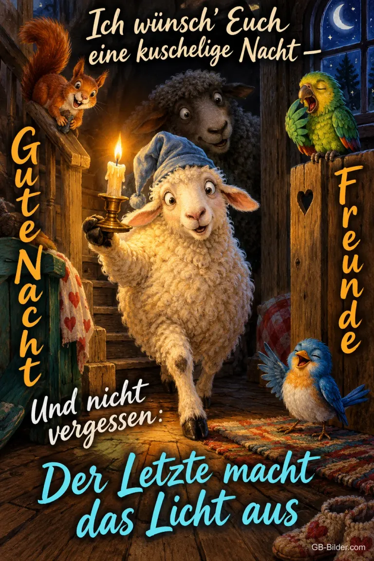 Schaf mit Schlafmütze trägt eine Kerze, Eichhörnchen, Papagei und Vogel schauen zu, Text: Ich wünsch’ Euch eine kuschelige Nacht – Gute Nacht Freunde – Und nicht vergessen: Der Letzte macht das Licht aus