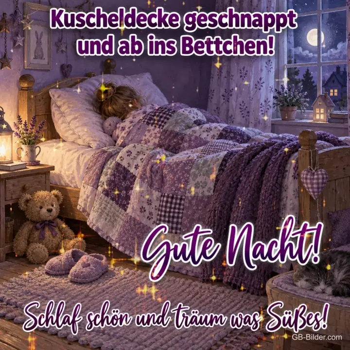 Kind schläft unter einer Patchworkdecke im Kinderzimmer, Text: Kuscheldecke geschnappt und ab ins Bettchen! Gute Nacht! Schlaf schön und träum was Süßes!