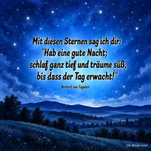 Sternenhimmel über einer hügeligen Landschaft, Text: Mit diesen Sternen sag ich dir: „Hab eine gute Nacht; schlaf ganz tief und träume süß, bis dass der Tag erwacht!“ – Norbert van Tiggelen