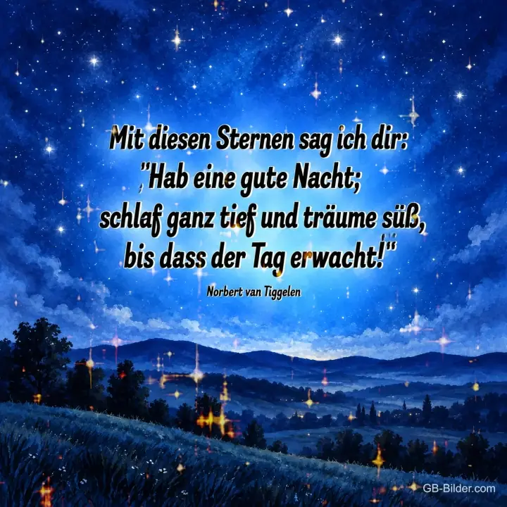Sternenhimmel über einer hügeligen Landschaft, Text: Mit diesen Sternen sag ich dir: „Hab eine gute Nacht; schlaf ganz tief und träume süß, bis dass der Tag erwacht!“ – Norbert van Tiggelen