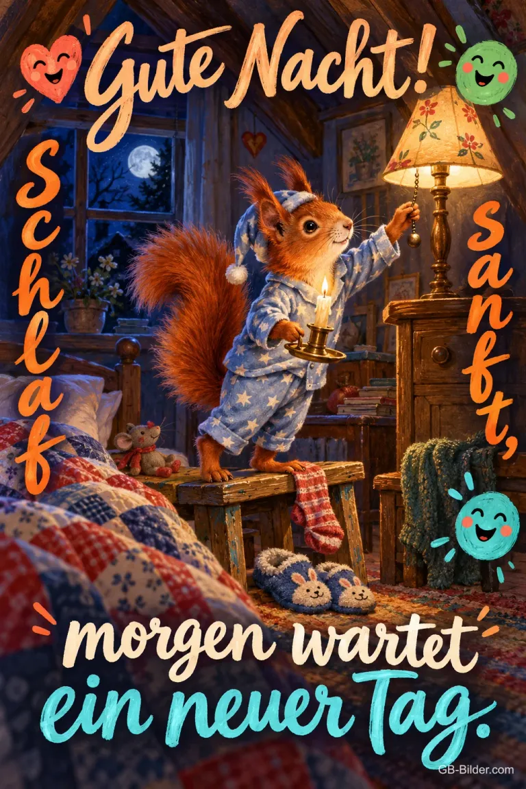 Eichhörnchen im Schlafanzug knipst die Lampe aus, Kerze in der Hand, Text: Gute Nacht! Schlaf sanft, morgen wartet ein neuer Tag.