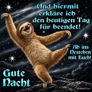 Faultier tanzt mit ausgebreiteten Armen unter dem Sternenhimmel, Text: Und hiermit erkläre ich den heutigen Tag für beendet! Ab ins Nestchen mit Euch! Gute Nacht