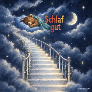 Teddybär schläft auf einer Wolke am Ende einer Treppe in den Himmel, Text: Schlaf gut