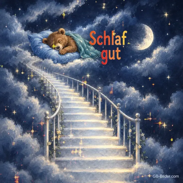 Teddybär schläft auf einer Wolke am Ende einer Treppe in den Himmel, Text: Schlaf gut