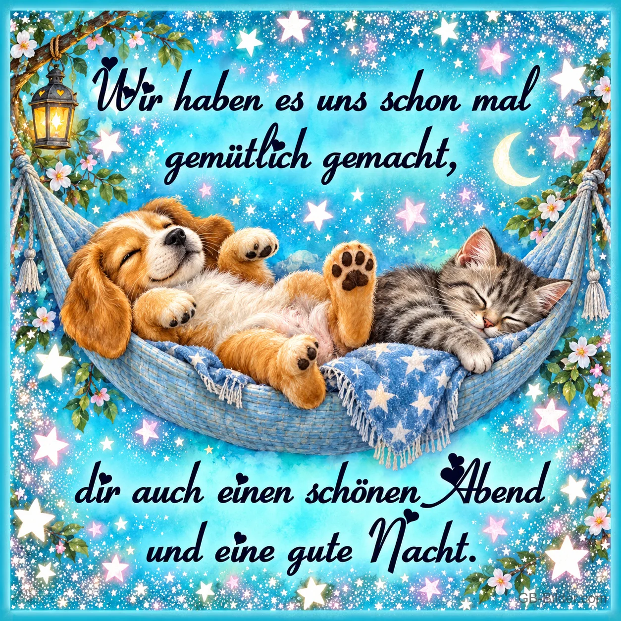 Welpe und Kätzchen schlafen in einer Hängematte unter Sternen, Text: Wir haben es uns schon mal gemütlich gemacht, dir auch einen schönen Abend und eine gute Nacht. Welpe und Kätzchen schlafen in einer Hängematte unter Sternen, Text: Wir haben es uns schon mal gemütlich gemacht, dir auch einen schönen Abend und eine gute Nacht.