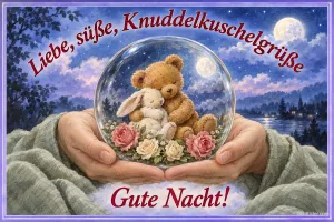 Hände halten eine Glaskugel mit Teddybär und Hase, Text: Liebe, süße, Knuddelkuschelgrüße – Gute Nacht!