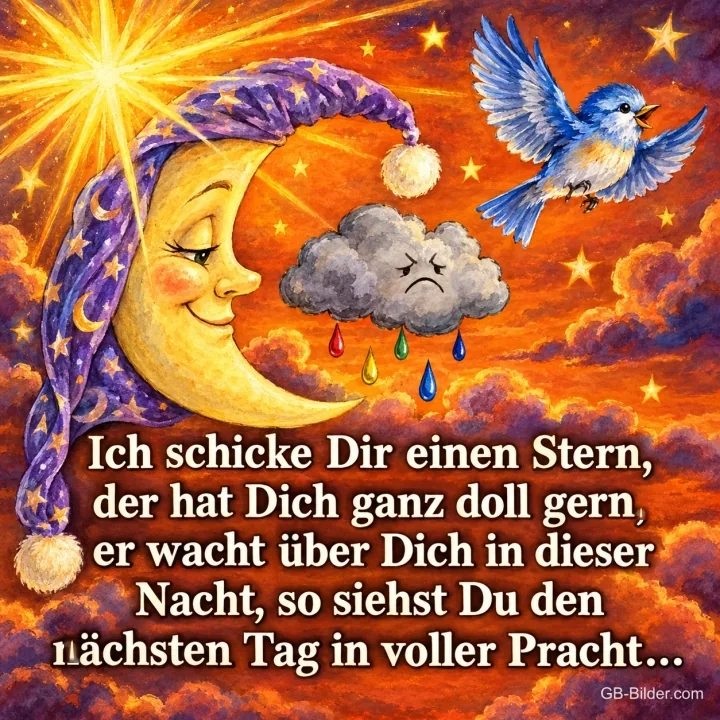 Schlafender Mond mit Zipfelmütze, blauer Vogel und kleine Regenwolke im Abendrot, Text: Ich schicke Dir einen Stern, der hat Dich ganz doll gern, er wacht über Dich in dieser Nacht, so siehst Du den nächsten Tag in voller Pracht…