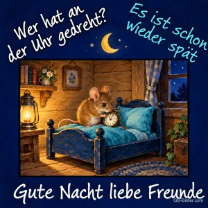 Maus dreht an einem Wecker auf einem Bett im Lampenlicht, Text: Wer hat an der Uhr gedreht? Es ist schon wieder spät. Gute Nacht liebe Freunde