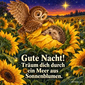 Eule deckt einen schlafenden Igel in einer Sonnenblume zu, Glühwürmchen und Stern, Text: Gute Nacht! Träum dich durch ein Meer aus Sonnenblumen.