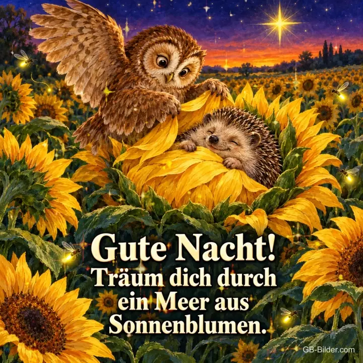 Eule deckt einen schlafenden Igel in einer Sonnenblume zu, Glühwürmchen und Stern, Text: Gute Nacht! Träum dich durch ein Meer aus Sonnenblumen.