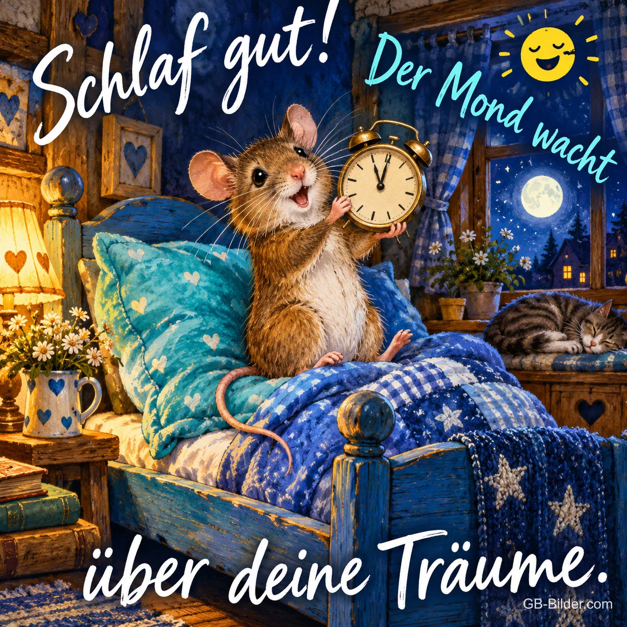 Maus im Bett hält einen Wecker, Mond am Fenster, Text: Schlaf gut! Der Mond wacht über deine Träume. Maus im Bett hält einen Wecker, Mond am Fenster, Text: Schlaf gut! Der Mond wacht über deine Träume.