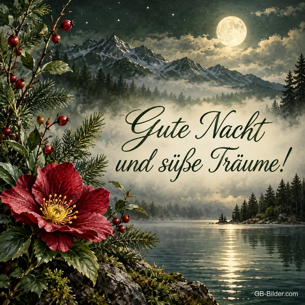 Bergsee im Mondlicht mit roter Christrose und Beeren, Text: Gute Nacht und süße Träume! Bergsee im Mondlicht mit roter Christrose und Beeren, Text: Gute Nacht und süße Träume!