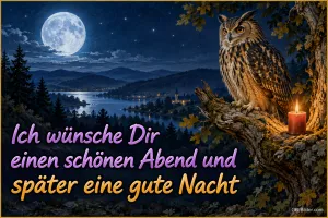 Uhu auf einem Ast neben einer Kerze über einem See bei Vollmond, Text: Ich wünsche Dir einen schönen Abend und später eine gute Nacht