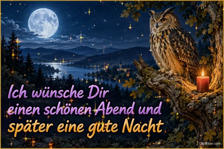 Uhu auf einem Ast neben einer Kerze über einem See bei Vollmond, Text: Ich wünsche Dir einen schönen Abend und später eine gute Nacht