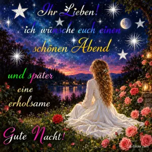 Frau im weißen Kleid sitzt zwischen Rosen und schaut zum Sternenhimmel, Text: Ihr Lieben! ich wünsche euch einen schönen Abend und später eine erholsame Gute Nacht!