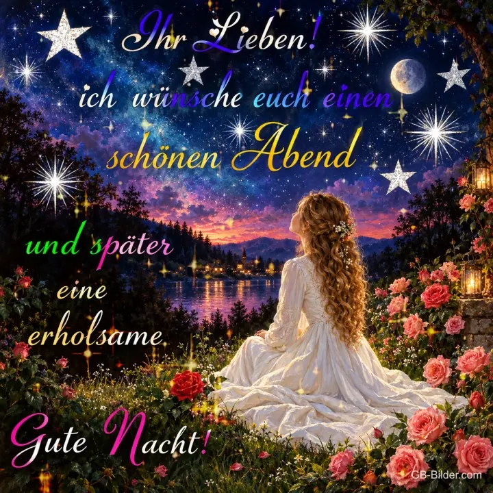 Frau im weißen Kleid sitzt zwischen Rosen und schaut zum Sternenhimmel, Text: Ihr Lieben! ich wünsche euch einen schönen Abend und später eine erholsame Gute Nacht! Frau im weißen Kleid sitzt zwischen Rosen und schaut zum Sternenhimmel, Text: Ihr Lieben! ich wünsche euch einen schönen Abend und später eine erholsame Gute Nacht!