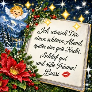 Offenes Grußbuch mit Weihnachtssternen, lächelnder Engel und funkelnde Sterne über Bergen, Text: Gute Nacht! Träum dich in ein Meer aus Sonnenblumen.