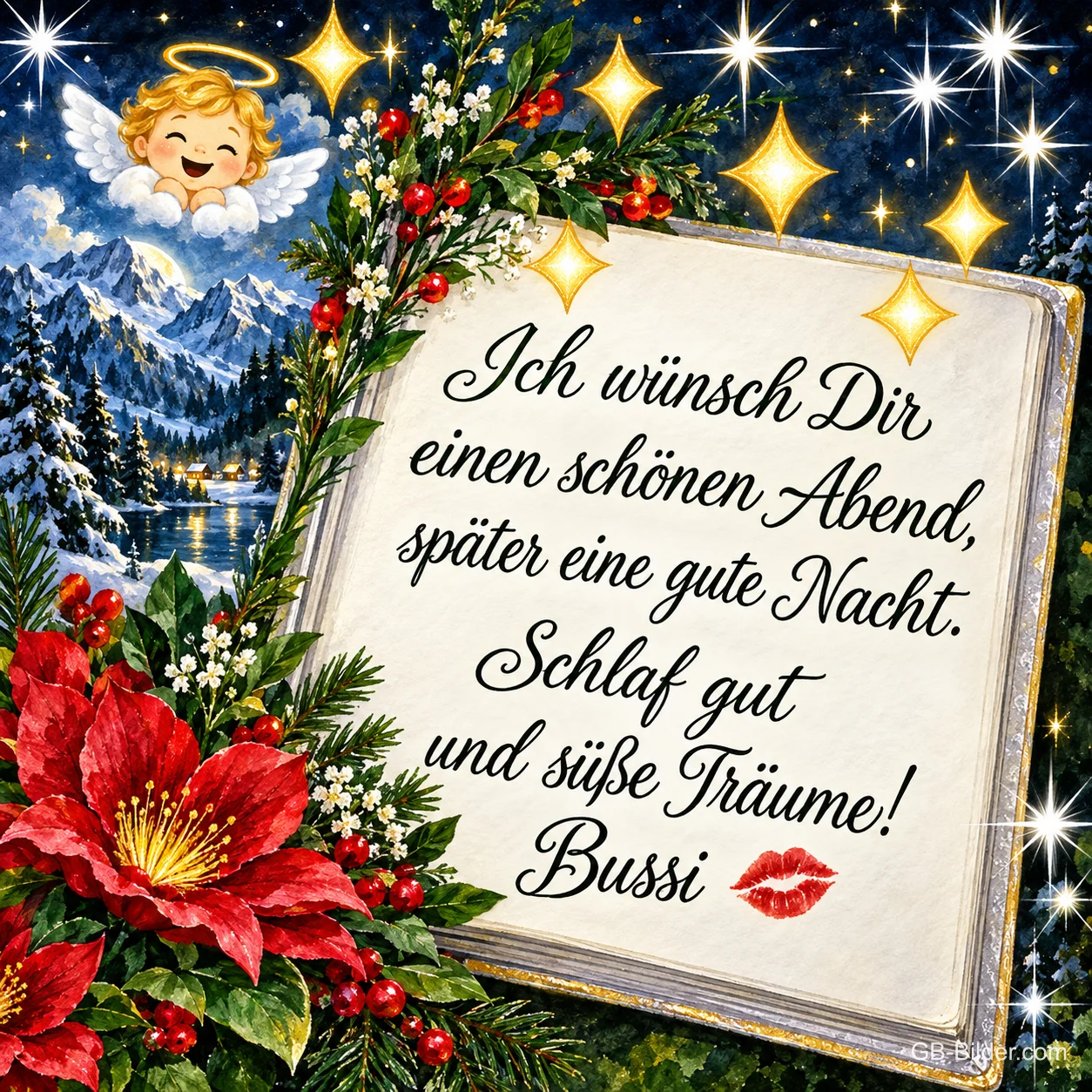Offenes Grußbuch mit Weihnachtssternen, lächelnder Engel und funkelnde Sterne über Bergen, Text: Gute Nacht! Träum dich in ein Meer aus Sonnenblumen. Offenes Grußbuch mit Weihnachtssternen, lächelnder Engel und funkelnde Sterne über Bergen, Text: Gute Nacht! Träum dich in ein Meer aus Sonnenblumen.