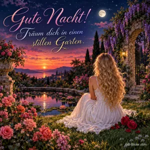 Frau im weißen Kleid sitzt in einem Rosengarten vor dem Abendrot am See, Text: Gute Nacht! Träum dich in einen stillen Garten.