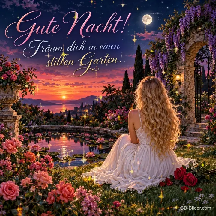 Frau im weißen Kleid sitzt in einem Rosengarten vor dem Abendrot am See, Text: Gute Nacht! Träum dich in einen stillen Garten. Frau im weißen Kleid sitzt in einem Rosengarten vor dem Abendrot am See, Text: Gute Nacht! Träum dich in einen stillen Garten.