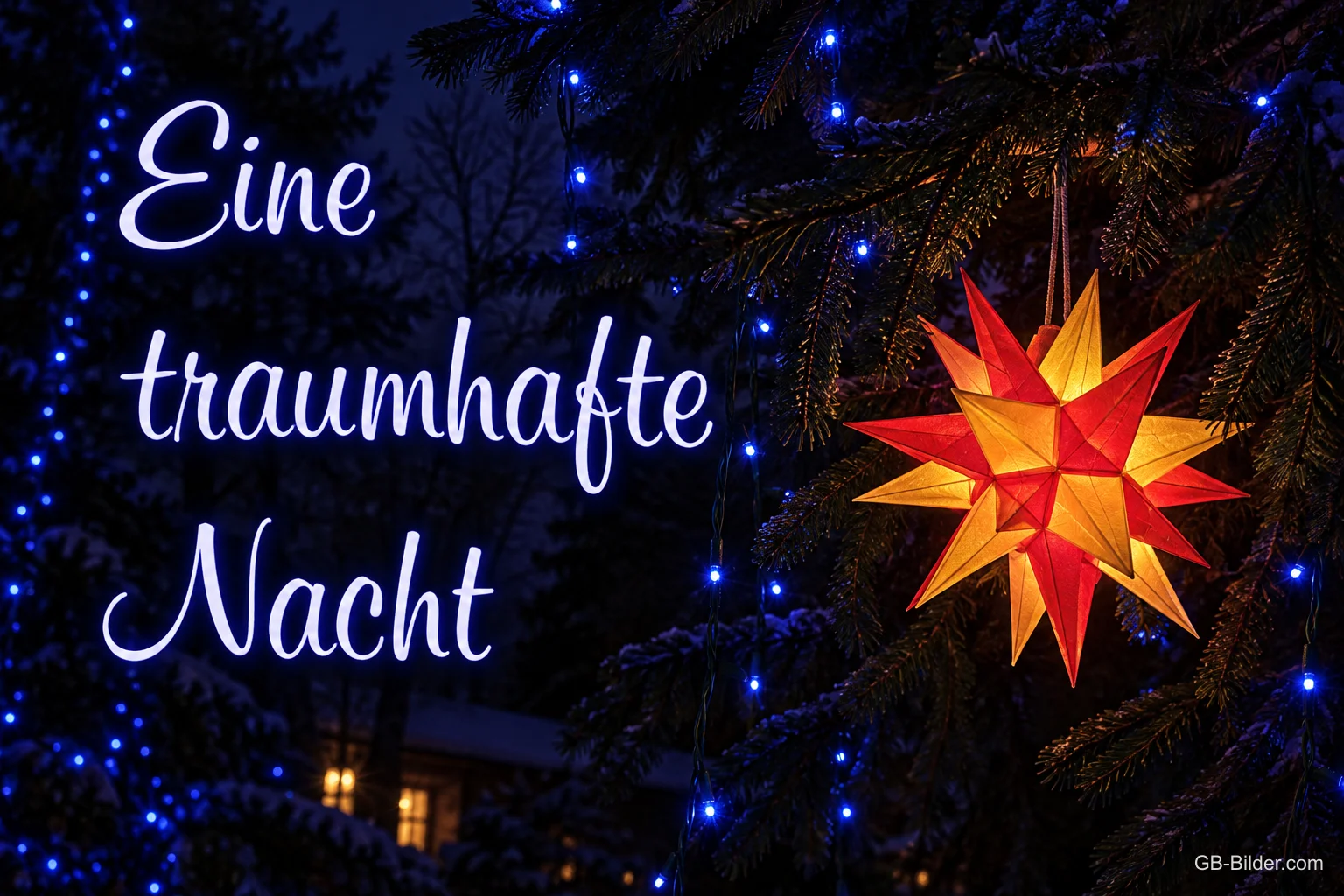 Roter Herrnhuter Stern zwischen blauen Lichtern bei Nacht, Text: Eine traumhafte Nacht