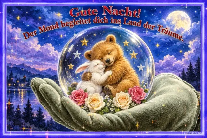 Bär und Hase kuscheln in einer Glaskugel auf zwei Händen unter dem Mond, Text: Gute Nacht! Der Mond begleitet dich ins Land der Träume. Bär und Hase kuscheln in einer Glaskugel auf zwei Händen unter dem Mond, Text: Gute Nacht! Der Mond begleitet dich ins Land der Träume.