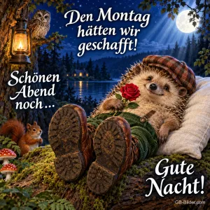 Igel mit Schiebermütze und Rose liegt entspannt im Bett im Wald, Text: Den Montag hätten wir geschafft! Schönen Abend noch… Gute Nacht!