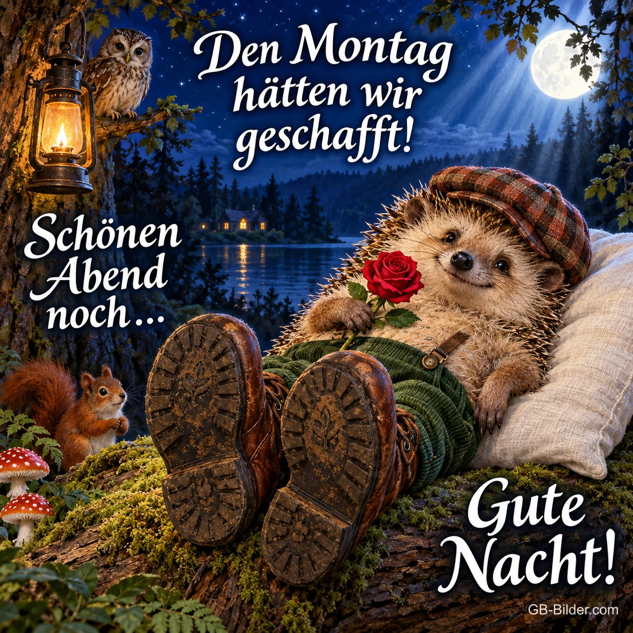 Igel mit Schiebermütze und Rose liegt entspannt im Bett im Wald, Text: Den Montag hätten wir geschafft! Schönen Abend noch… Gute Nacht!