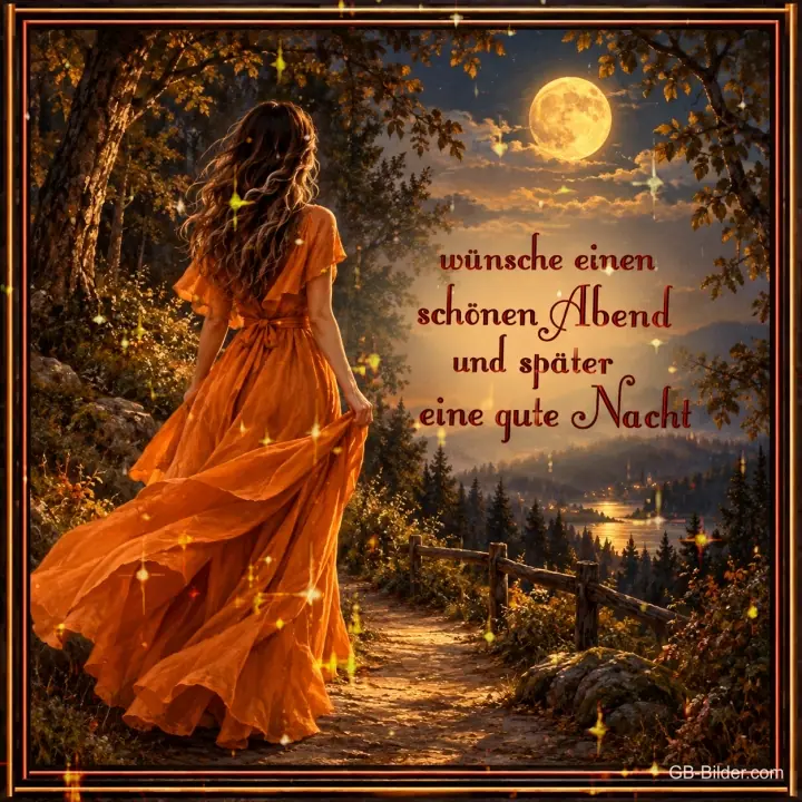 Frau im orangen Kleid geht einen Waldweg bei Vollmond entlang, Text: wünsche einen schönen Abend und später eine gute Nacht Frau im orangen Kleid geht einen Waldweg bei Vollmond entlang, Text: wünsche einen schönen Abend und später eine gute Nacht