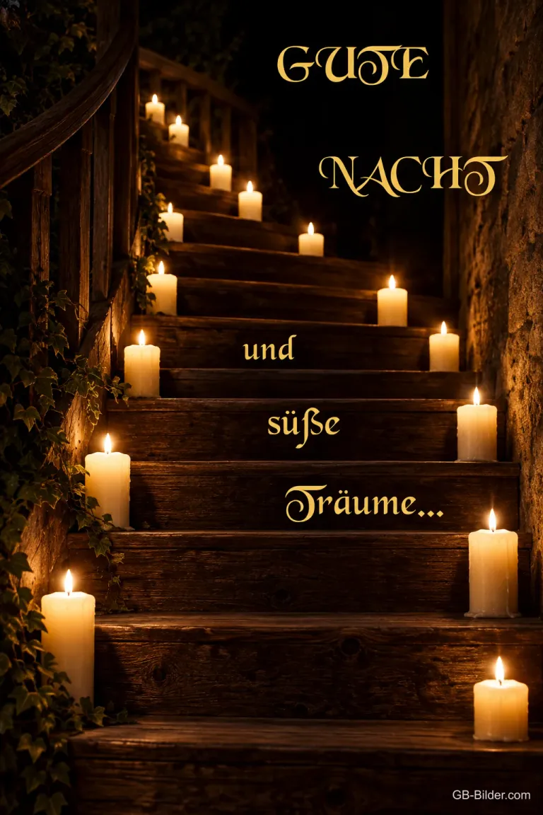 Brennende Kerzen auf einer Holztreppe, Text: GUTE NACHT und süße Träume…
