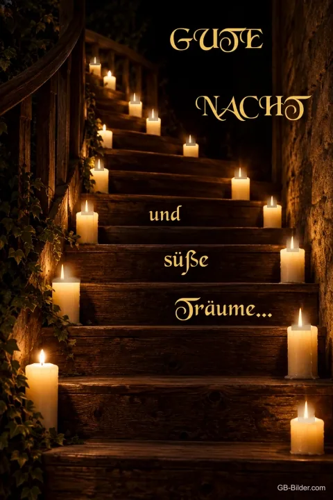 Brennende Kerzen auf einer Holztreppe, Text: GUTE NACHT und süße Träume…